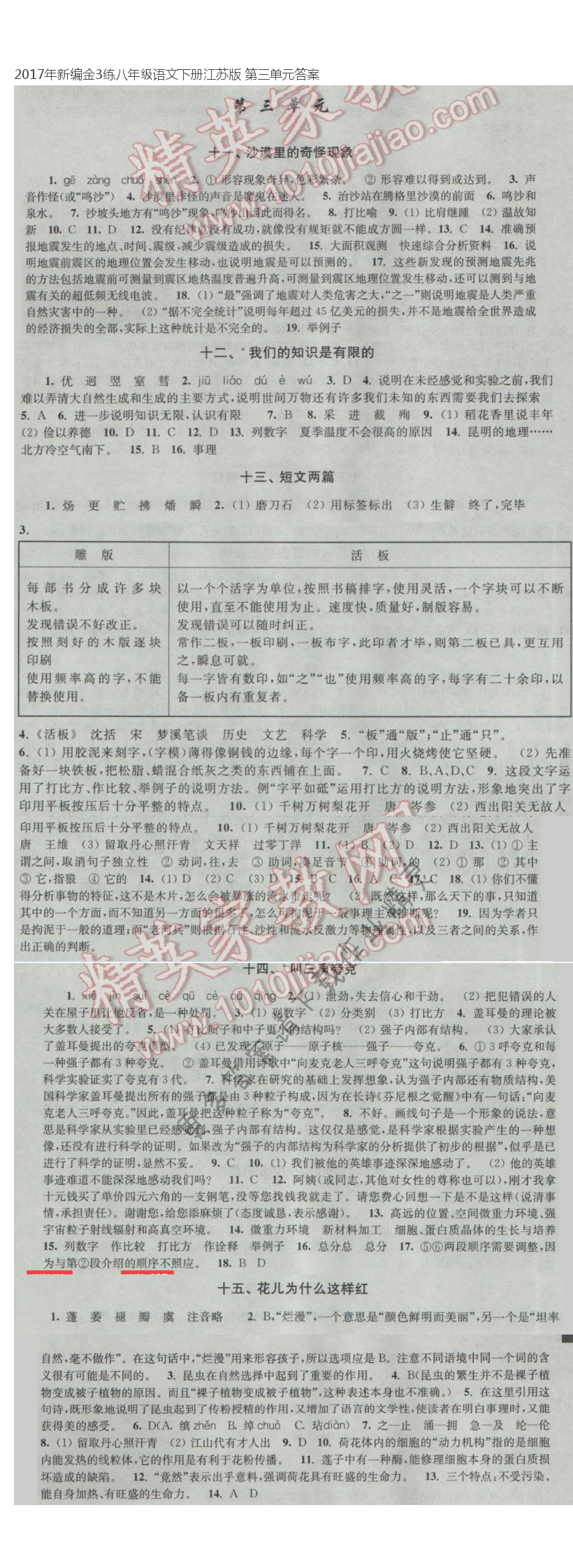 2017年新编金3练八年级语文下册江苏版 第三单元答案