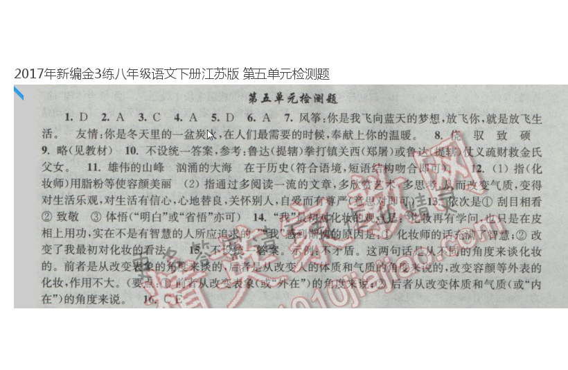 2017年新编金3练八年级语文下册江苏版 第五单元检测题