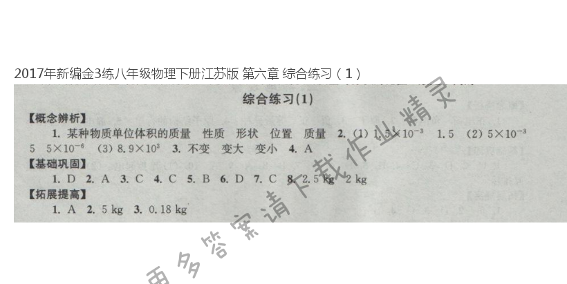 2017年新编金3练八年级物理下册江苏版 第六章 综合练习（1）