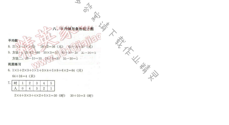 同步解析与测评四年级数学下册人教版 八、平均数与条形统计图