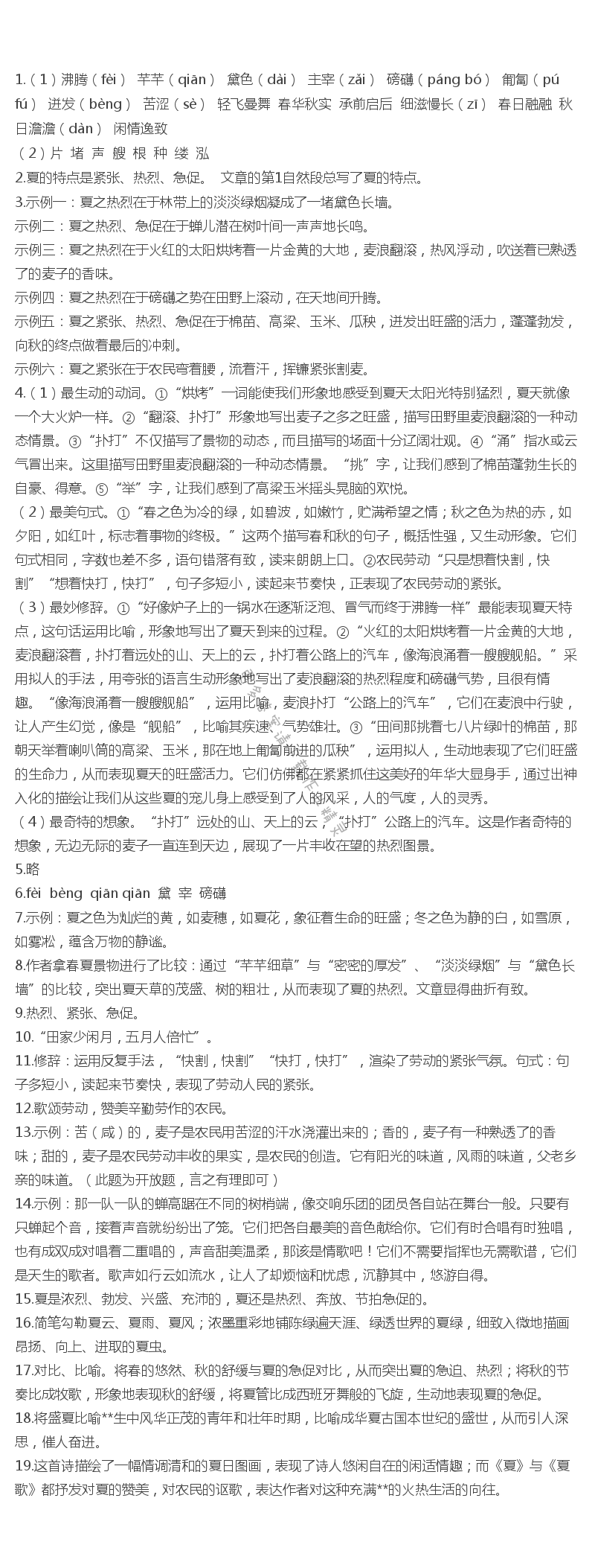 苏教版七年级语文夏伴你学答案