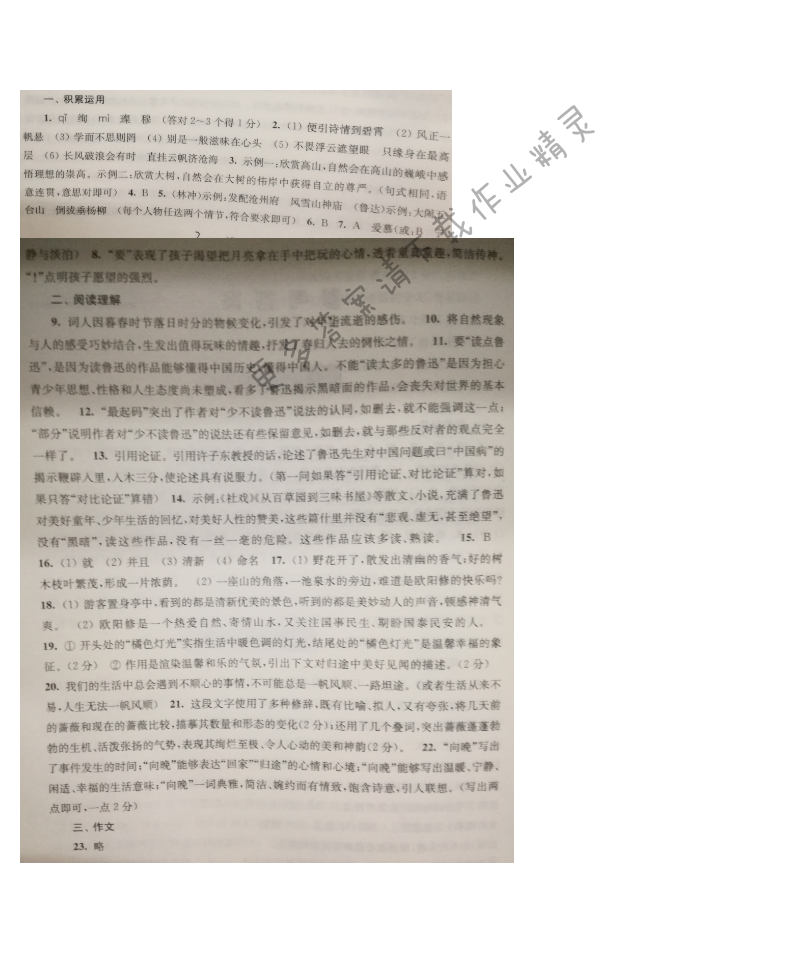 苏教版九年级语文同步练习测试卷综合测试卷（三）答案
