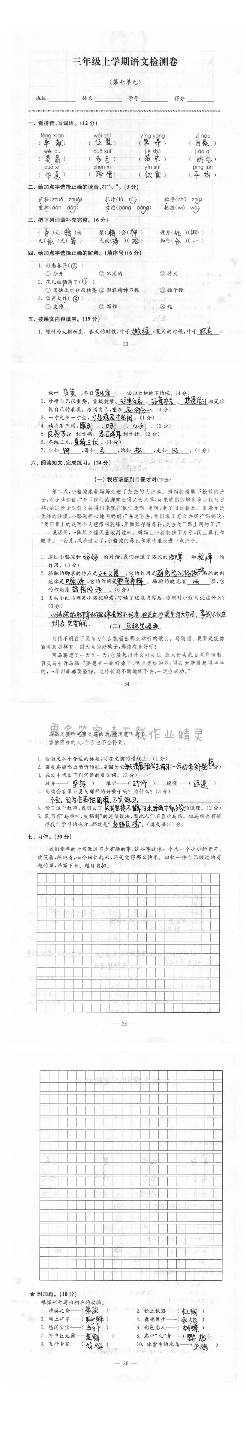 练习与测试语文检测卷（苏教版）3年级上册第七单元复习 - 练习与测试语文检测卷（苏教版）3年级上册第七单元检测卷