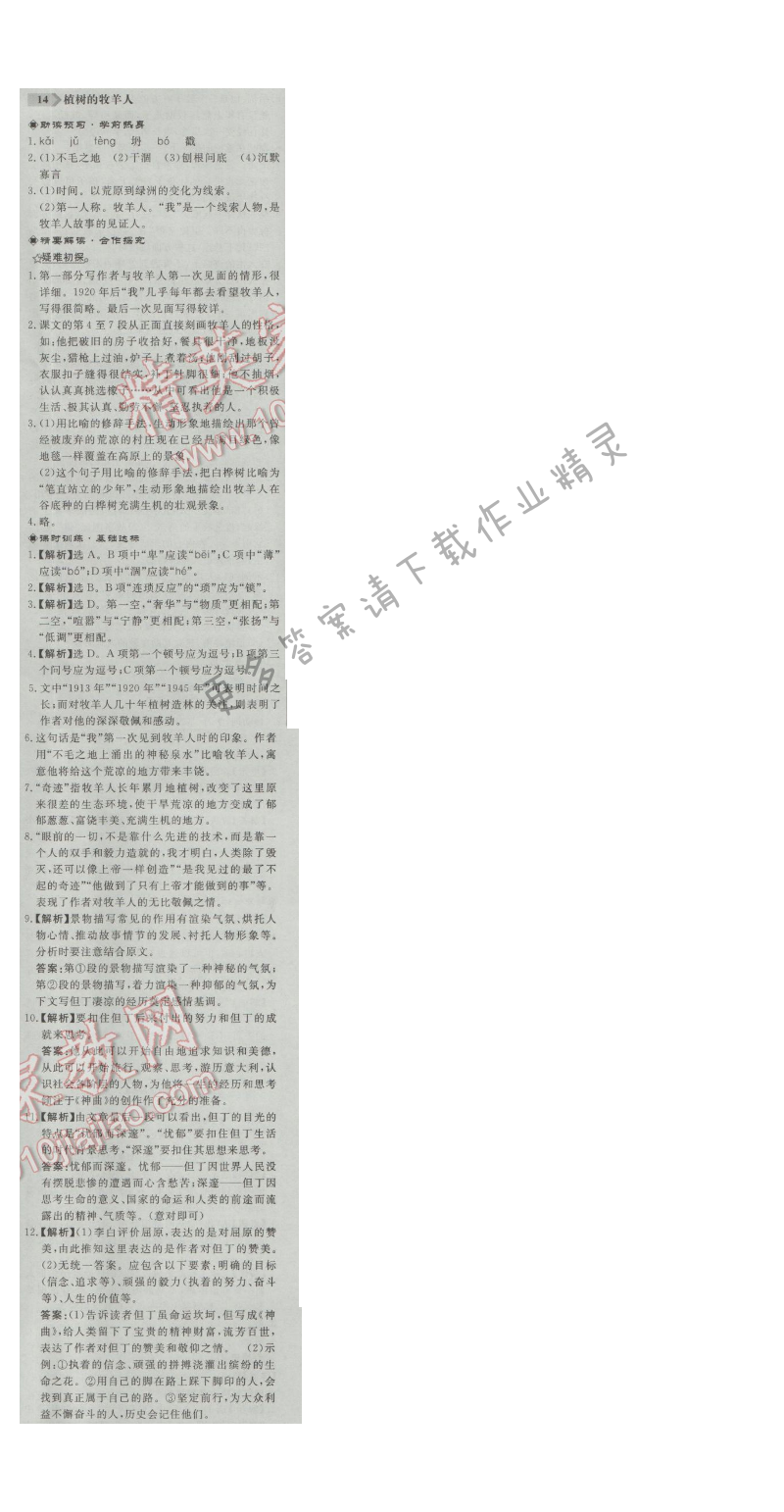 同步练习册七年级语文上册人教版 14.植树的牧羊人