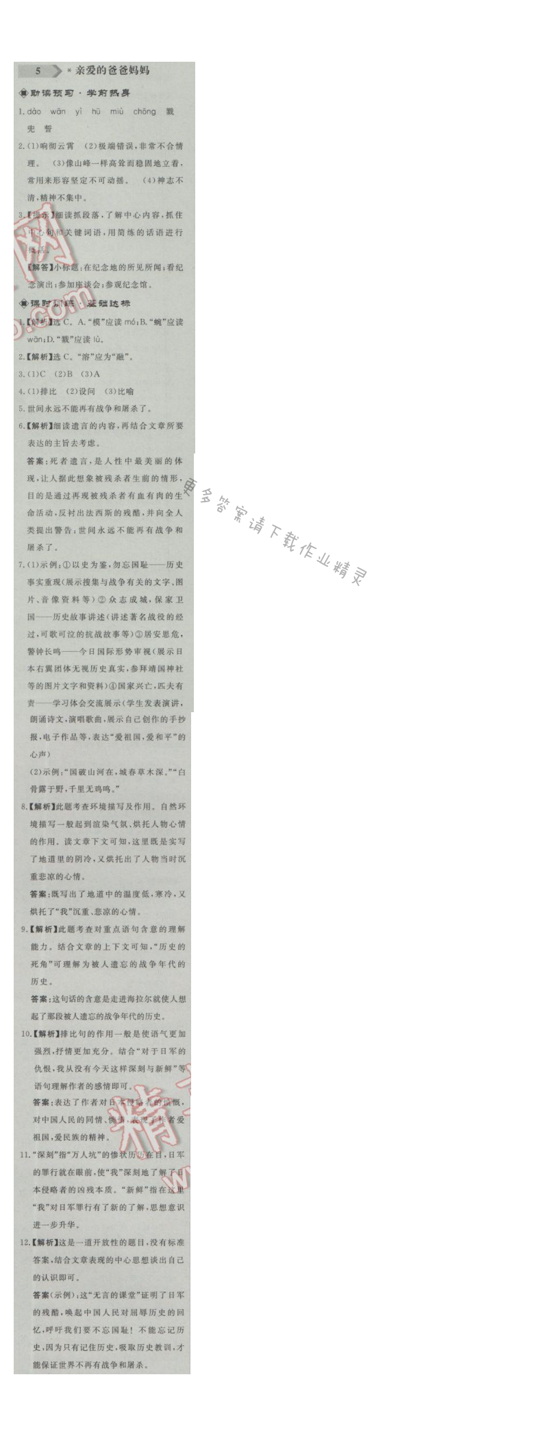 同步练习册八年级语文上册人教版 5.亲爱的爸爸妈妈