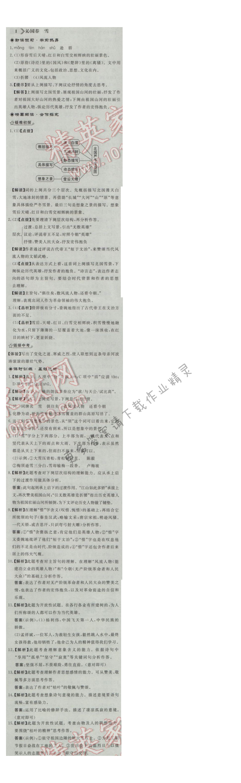 同步练习册九年级语文上册人教版 1.沁园春 雪