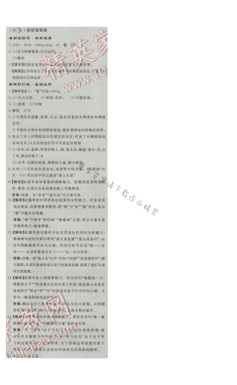 同步练习册九年级语文上册人教版 3.星星变奏曲
