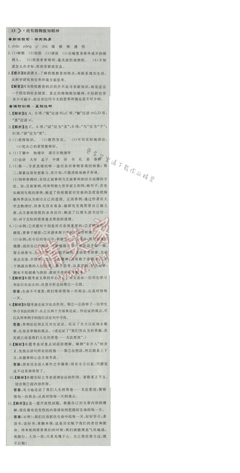 同步练习册九年级语文上册人教版 13.应有格物致知精神