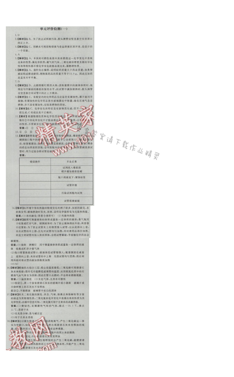 同步练习册九年级化学上册人教版 单元评价检测(一)