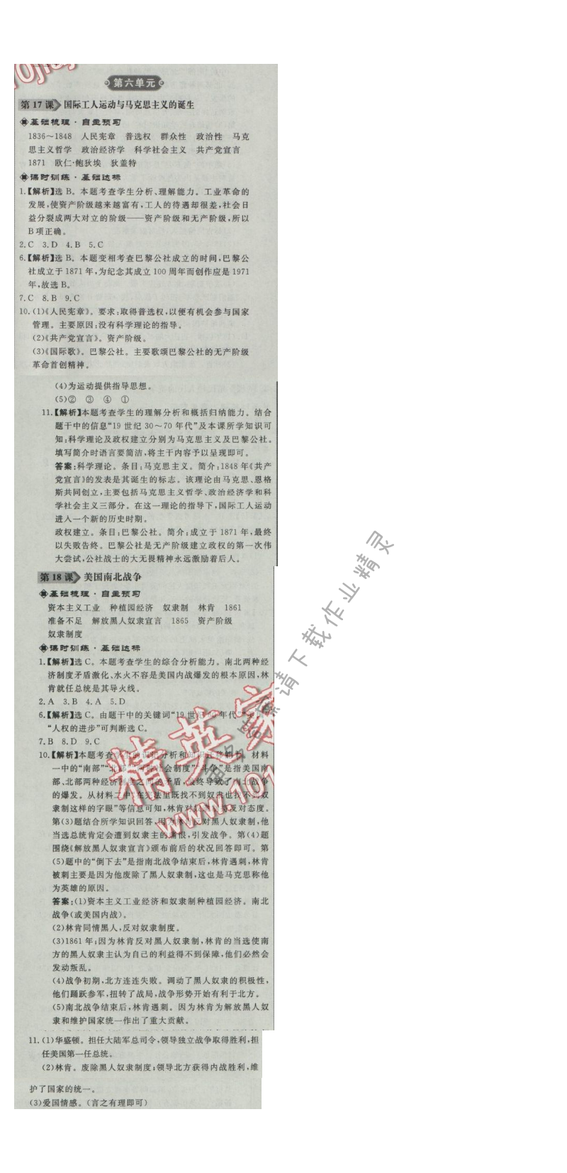 同步练习册九年级历史上册人教版 第17课 国际工人运动与马克思主义的诞生