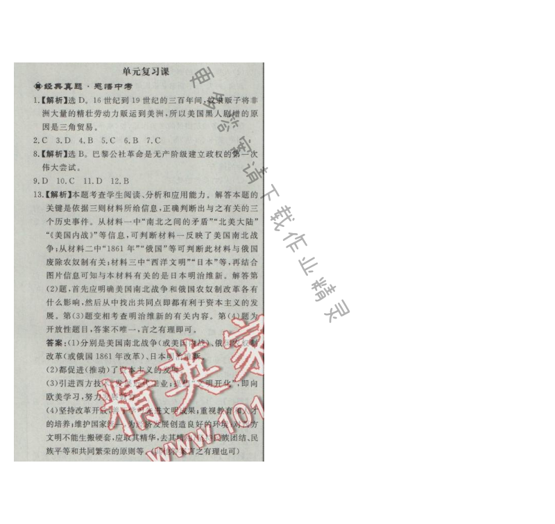 同步练习册九年级历史上册人教版 第六单元单元复习课