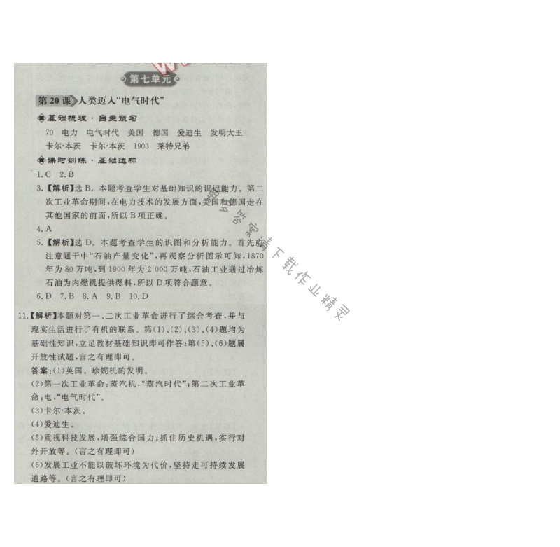 同步练习册九年级历史上册人教版 第20课 人类迈入电气时代