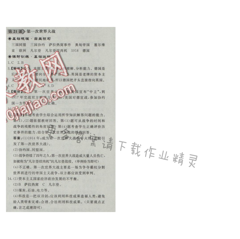 同步练习册九年级历史上册人教版 第21课 第一次世界大战