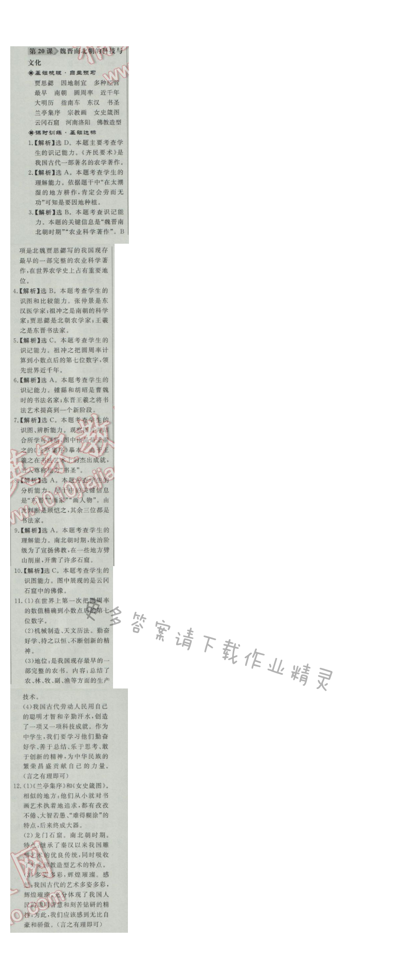 同步练习册七年级历史上册人教版 第20课 魏晋南北朝的科技与文化