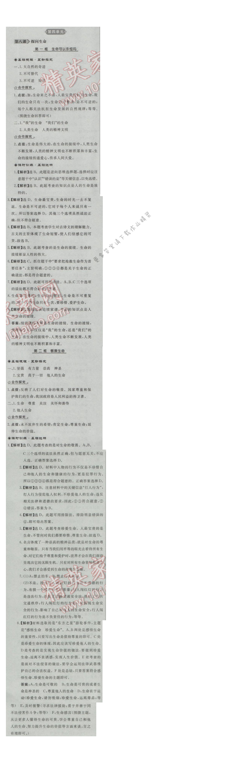同步练习册七年级道德与法治上册人教版 第八课 探问生命