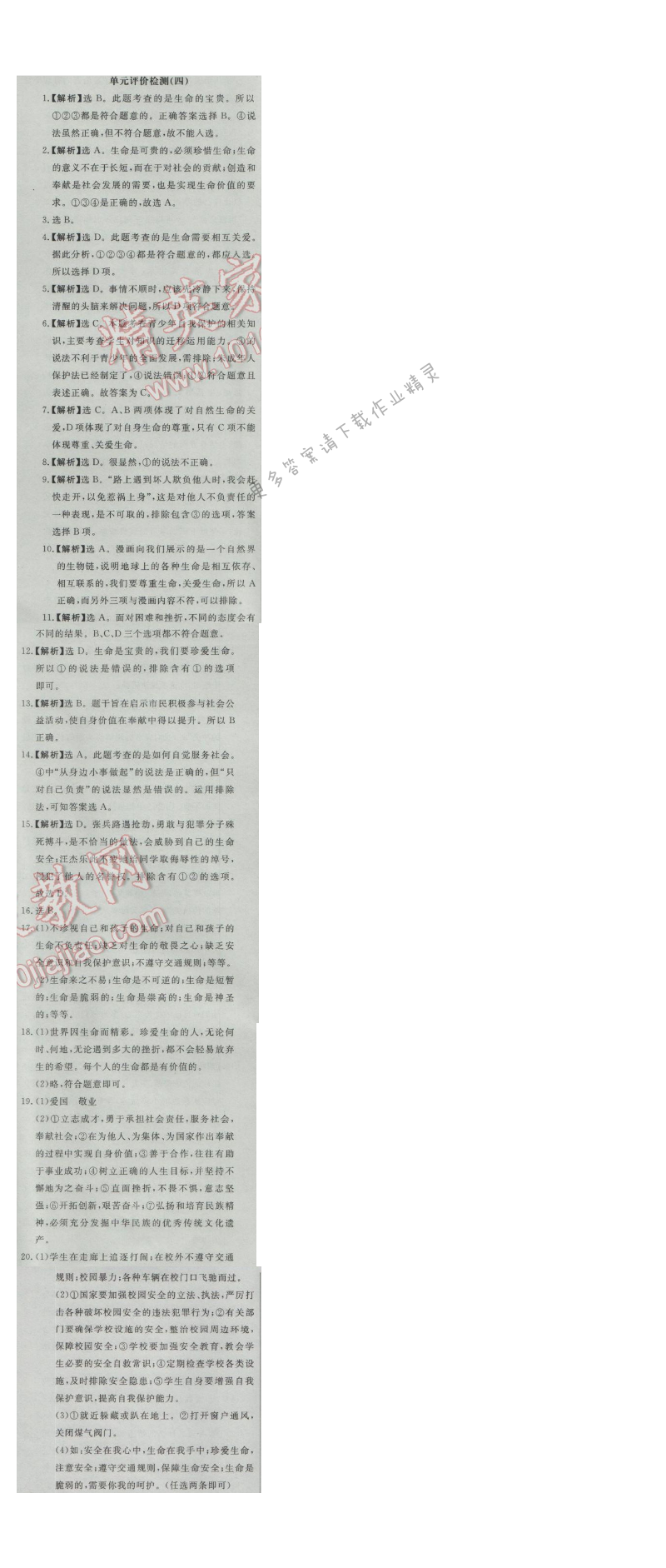 同步练习册七年级道德与法治上册人教版 单元评价检测(四)