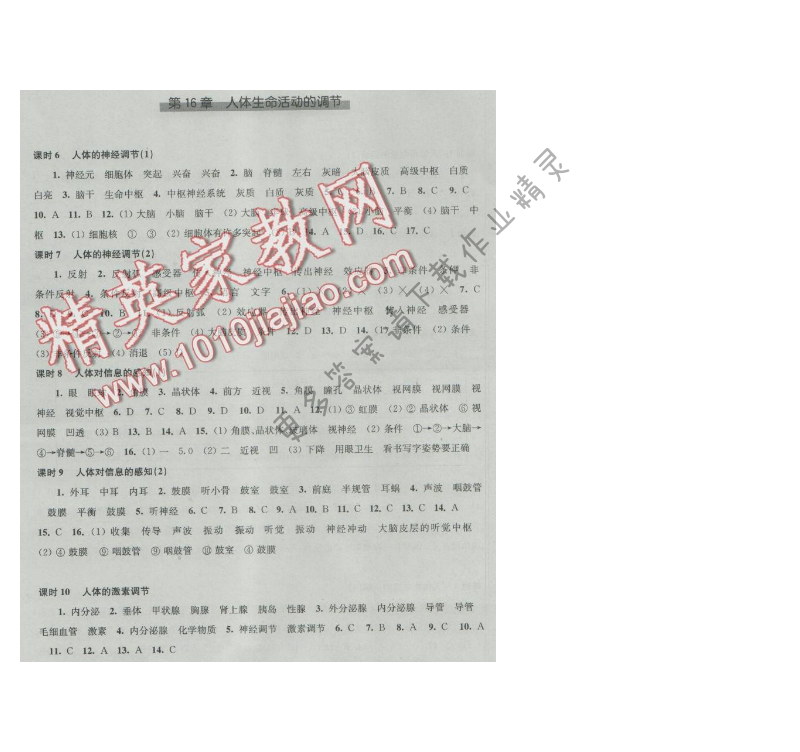 同步练习八年级生物学上册苏科版 第16章 人体生命活动的调节