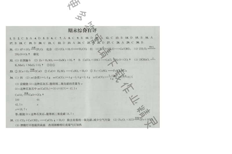 同步练习九年级化学上册沪教版 期末综合自评