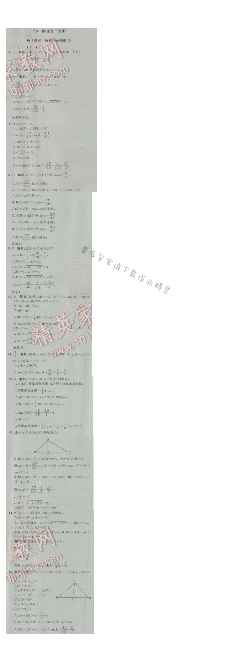 经纶学典学霸九年级数学上册江苏版 7.5 解直角三角形 第1课时