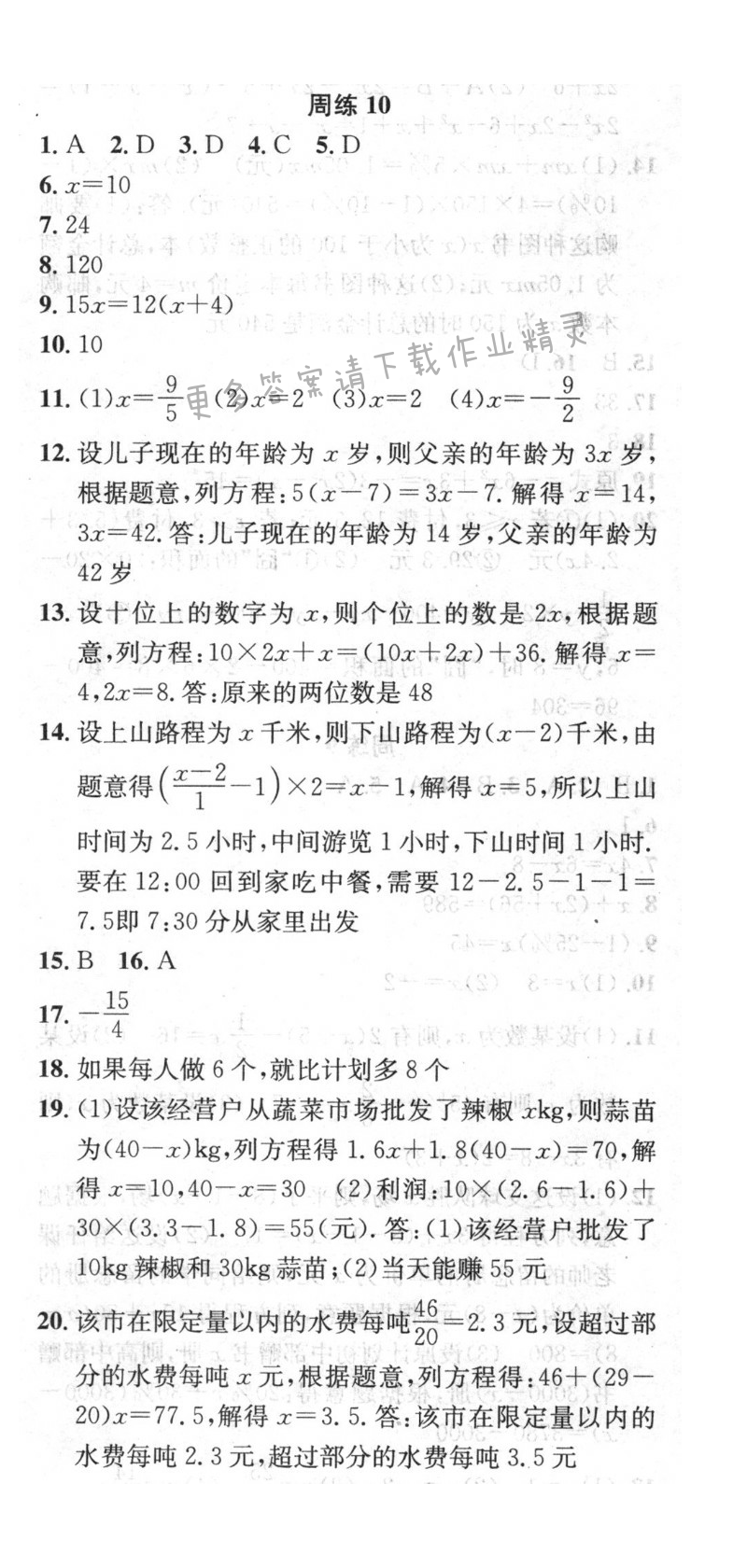 提优训练非常阶段123七年级数学上册江苏版 周练10