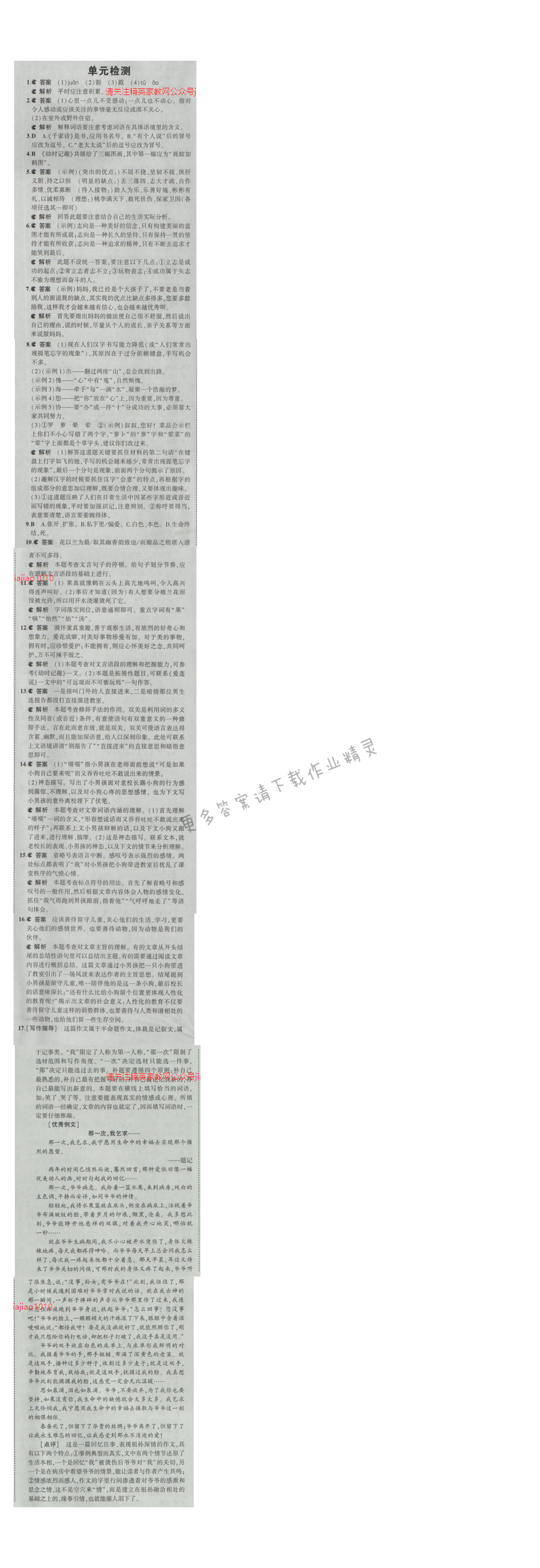 2016五年中考三年模拟语文七年级上册苏教版 第二单元检测