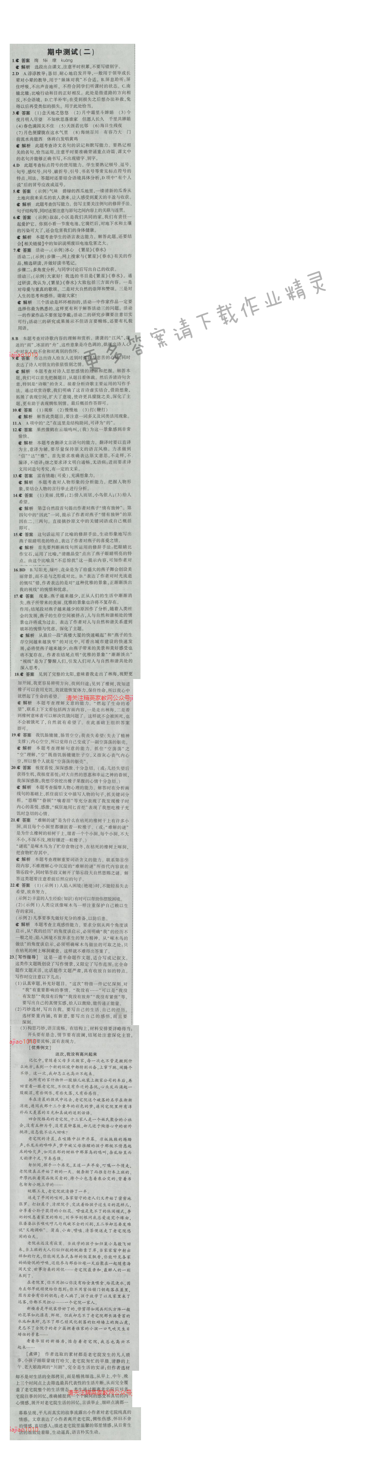 2016五年中考三年模拟语文七年级上册苏教版 期中测试（二）