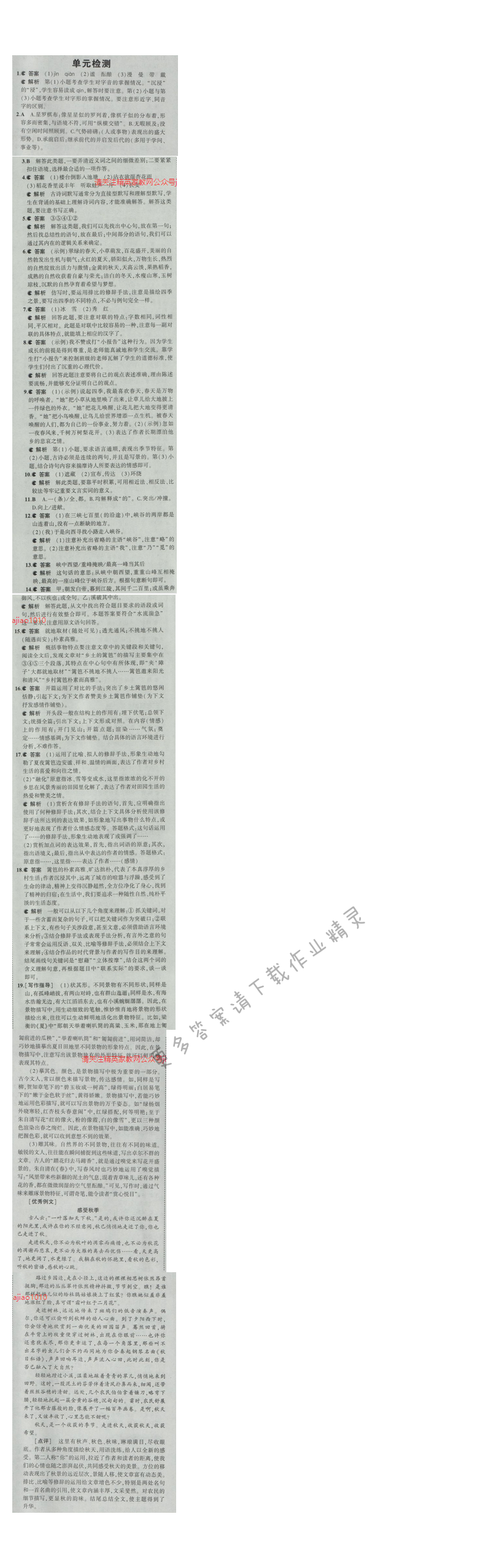 2016五年中考三年模拟语文七年级上册苏教版 第四单元检测