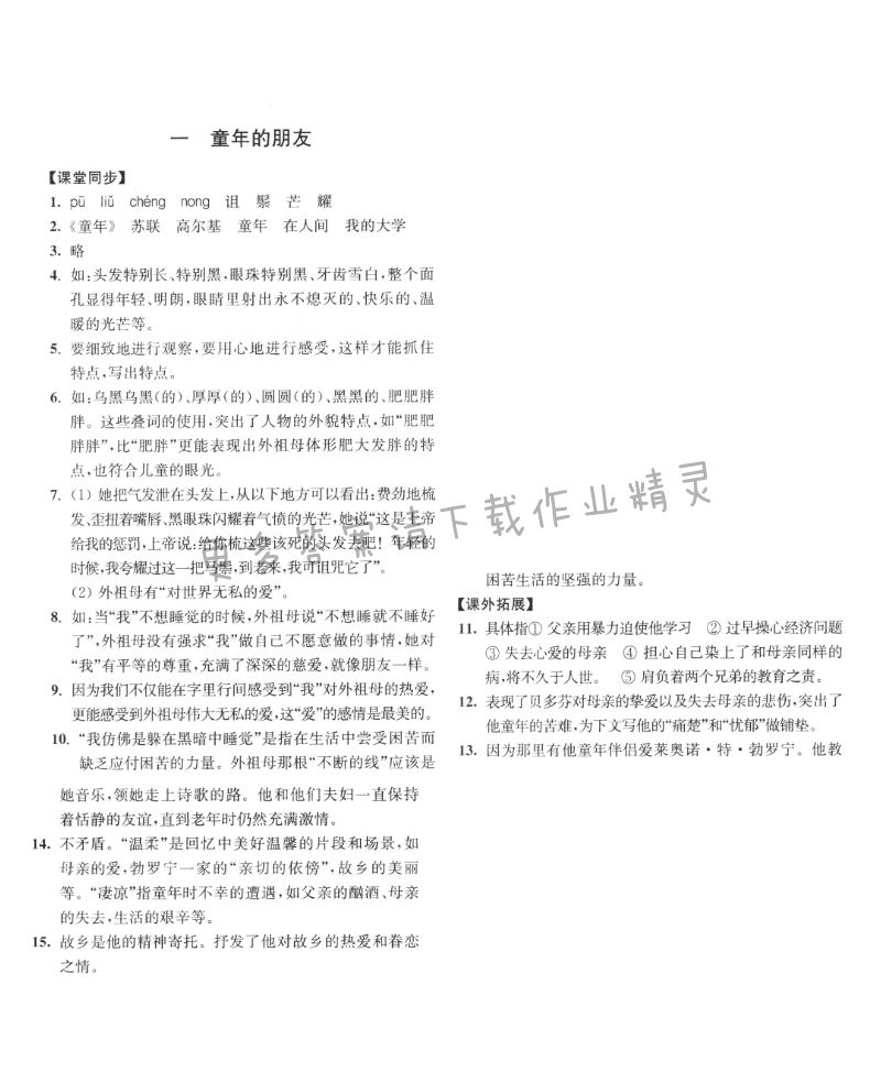 七年级语文下册同步练习答案（2017新版）童年的朋友答案