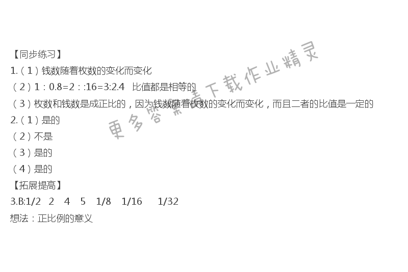 六年级数学下册同步练习答案第六单元正比例和反比例（1）