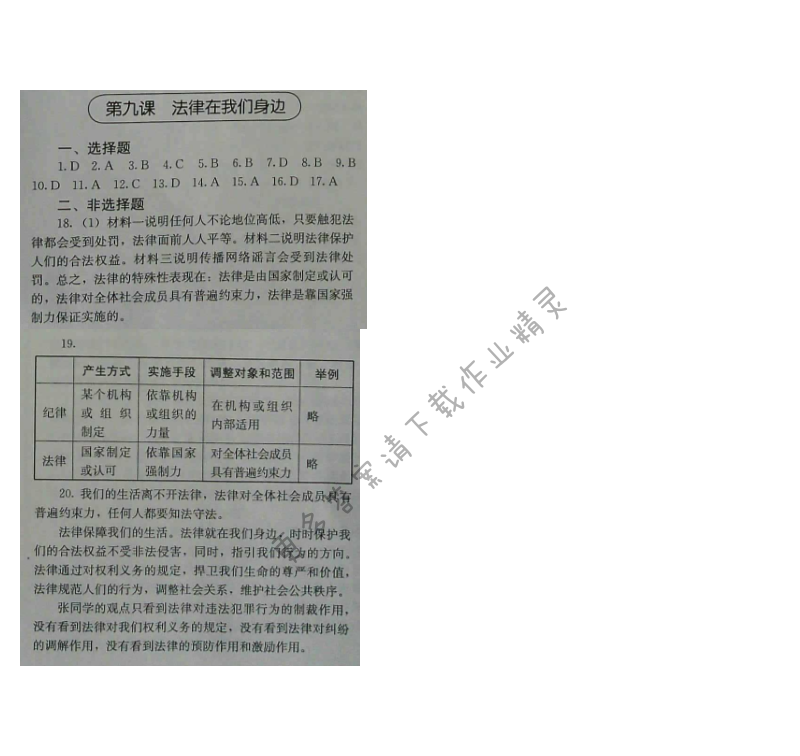 人教版七年级下册道德与法治补充习题（2017版）第九课 法律在我们身边