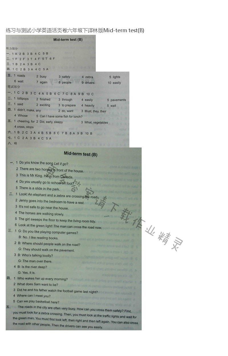 练习与测试小学英语活页卷六年级下译林版Mid-term test(B)