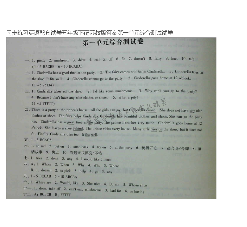 同步练习英语配套试卷五年级下配苏教版答案第一单元综合测试试卷