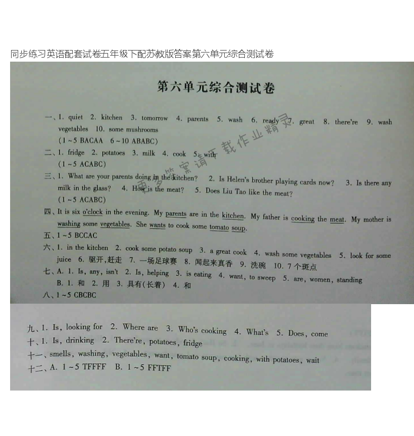 同步练习英语配套试卷五年级下配苏教版答案第六单元综合测试卷