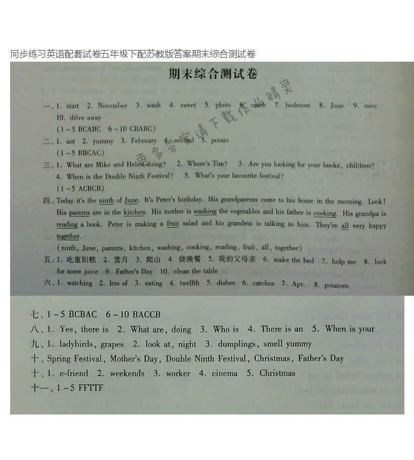 同步练习英语配套试卷五年级下配苏教版答案期末综合测试卷