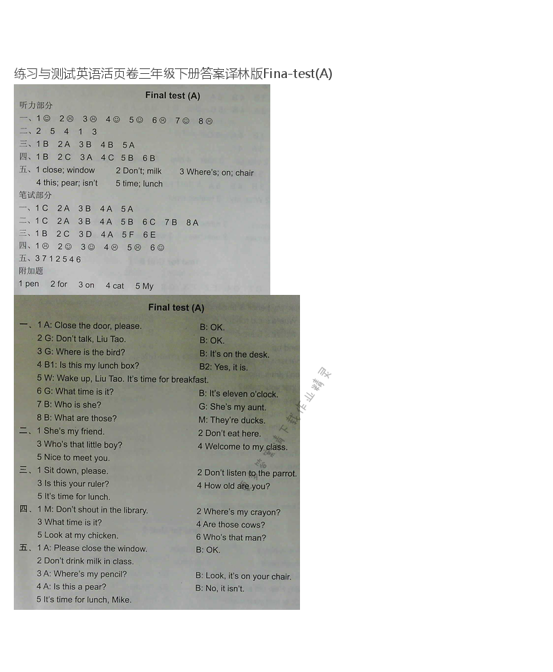 练习与测试英语活页卷三年级下册答案译林版Fina-test(A)
