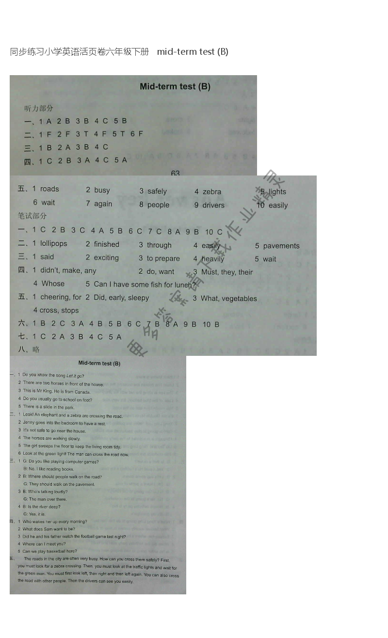 同步练习小学英语活页卷六年级下册   mid-term test (B)
