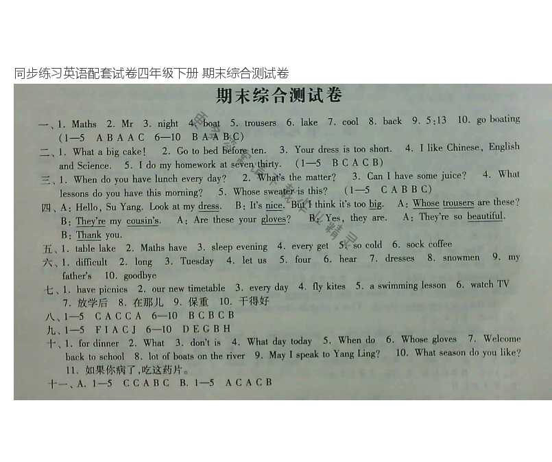 同步练习英语配套试卷四年级下册 期末综合测试卷