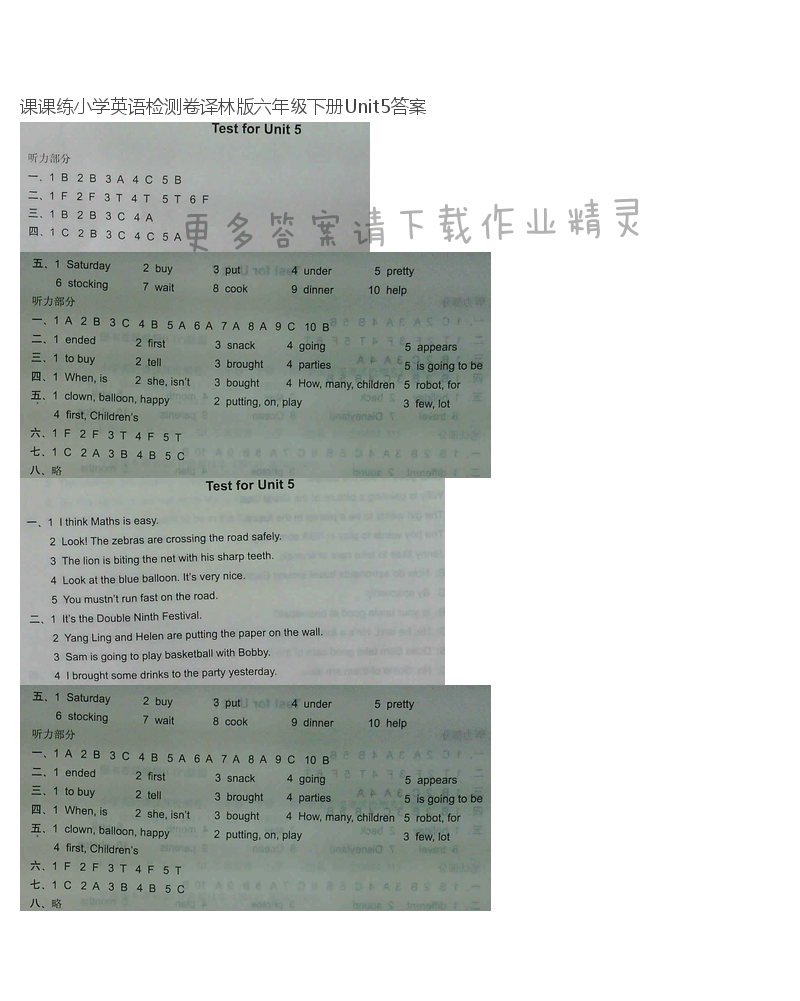 课课练小学英语检测卷译林版六年级下册Unit5答案