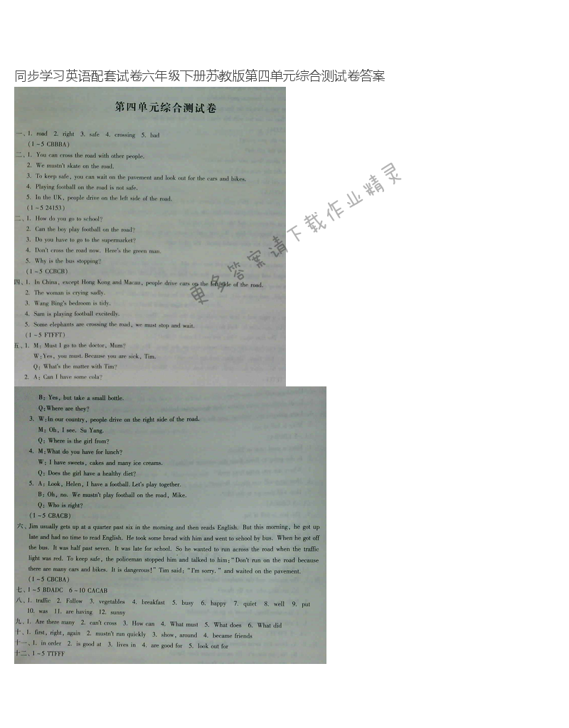 同步学习英语配套试卷六年级下册苏教版第四单元综合测试卷答案
