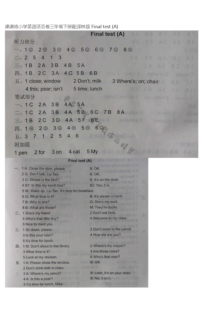 课课练小学英语活页卷三年级下册配译林版 Final test (A)