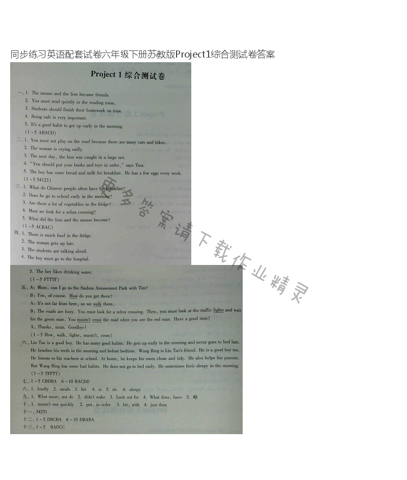 同步练习英语配套试卷六年级下册苏教版Project1测试卷答案