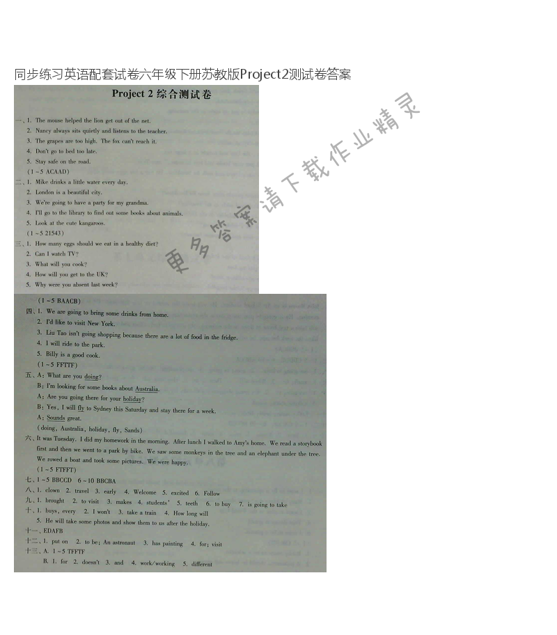 同步练习英语配套试卷六年级下册苏教版Project2测试卷答案