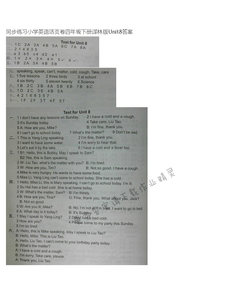 同步练习小学英语活页卷四年级下册译林版Unit8答案