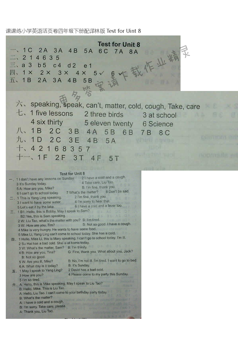 课课练小学英语活页卷四年级下册配译林版 Test for Uint 8