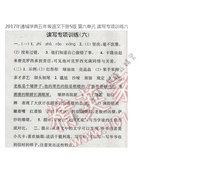 2017年通城学典五年级语文下册S版 第六单元 读写专项训练六