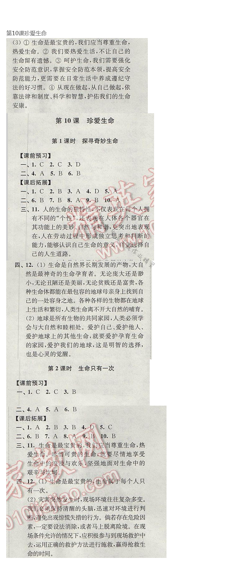 第10课珍爱生命同步练习答案