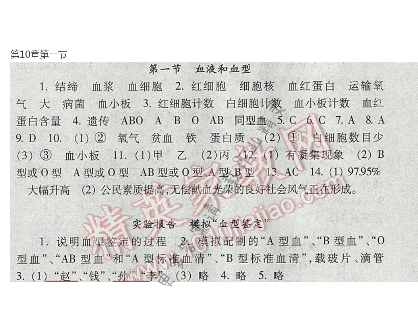 七下 苏教版生物第10章第一节补充习题答案