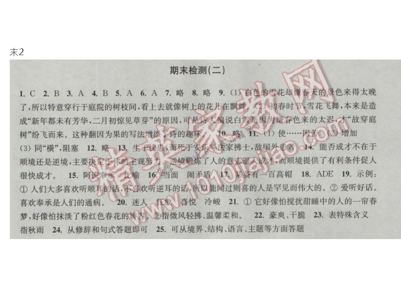 新编金3练九年级语文下册江苏版期末检测（二）答案