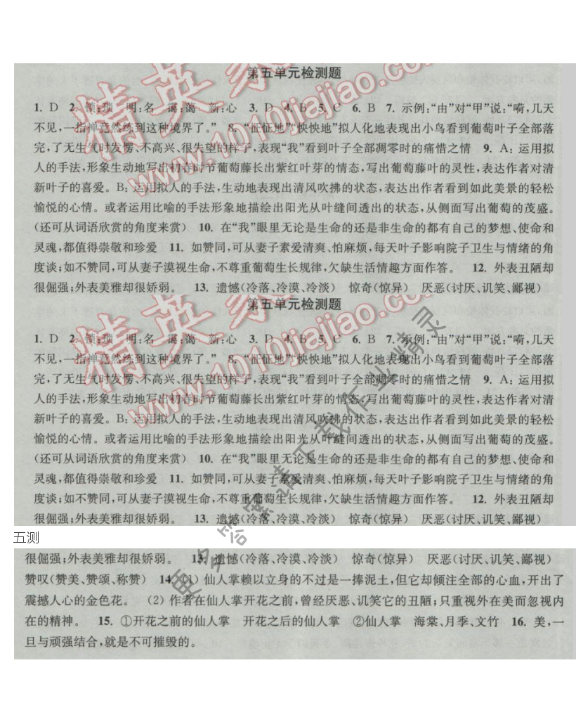 新编金3练九年级语文下册江苏版第五单元检测题答案