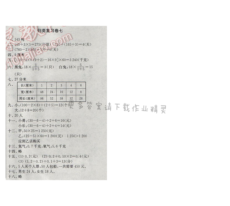 2017年新编金3练六年级数学下册江苏版归类复习卷七